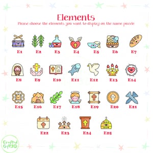 May include: A colorful chart with 25 different icons representing religious elements. The icons are arranged in a grid with labels E1 through E25. The chart is titled "Elements" and includes the text "Please choose the elements you want to display on the name puzzle".