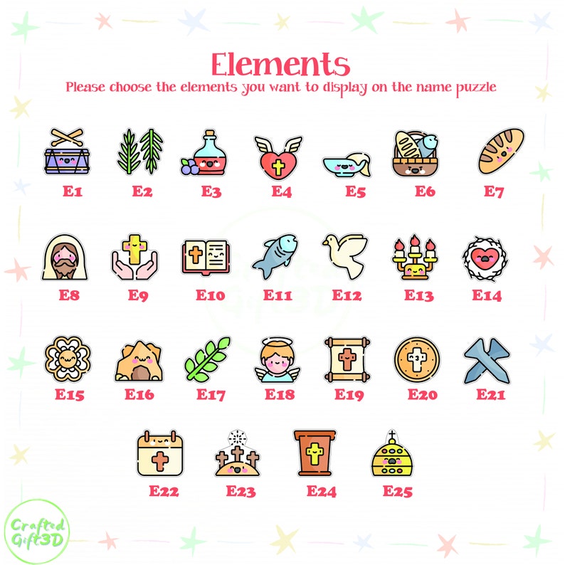 May include: A colorful chart with 25 different icons representing religious elements. The icons are arranged in a grid with labels E1 through E25. The chart is titled "Elements" and includes the text "Please choose the elements you want to display on the name puzzle".