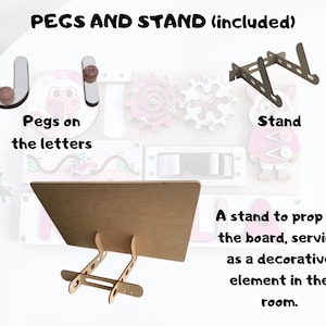 May include: Wooden learning board with colourful letters, gears, and a slider. The board comes with wooden pegs and a stand to prop it up.
