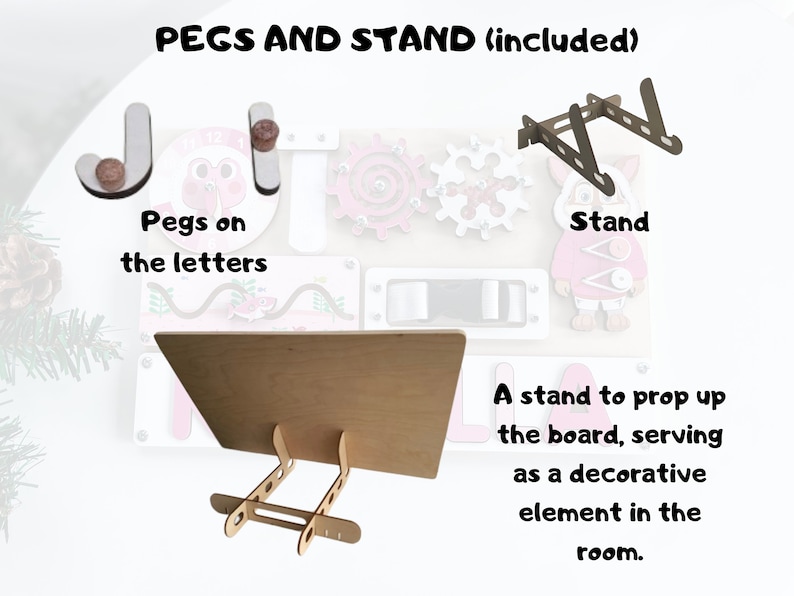 May include: Wooden learning board with colourful letters, gears, and a slider. The board comes with wooden pegs and a stand to prop it up.