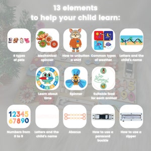 May include: Wooden educational toy with 13 elements to help children learn, including numbers, letters, time, and how to use a zipper. Features colorful illustrations of pets, weather, and food. The text says "13 elements to help your child learn:"