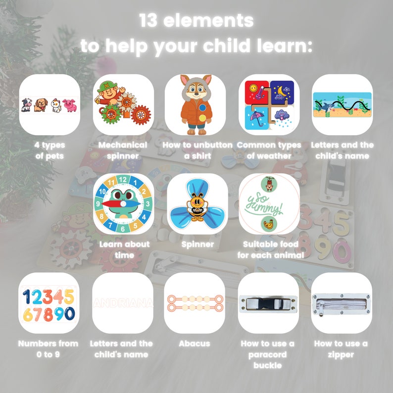 May include: Wooden educational toy with 13 elements to help children learn, including numbers, letters, time, and how to use a zipper. Features colorful illustrations of pets, weather, and food. The text says "13 elements to help your child learn:"