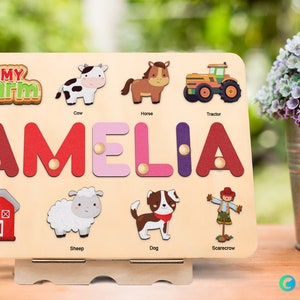 Farm animal name puzzle with pegs, Wooden toy, Barnyard animal, 1st Birthday Gift,Baby shower gift,1st christmast gift,baby shower gift image 7
