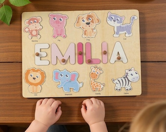 Name Puzzle with Pegs, Custom Name Puzzle with Animals, Name Puzzle for toddler, First Birthday Gift, 1st Christmas Baby, Name Puzzle Gift