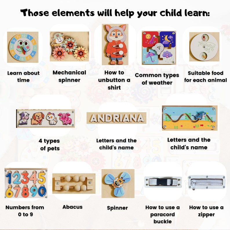 May include: A set of wooden educational toys for children. The toys include a clock, a spinner, a button, a weather puzzle, a food matching game, a pet puzzle, an abacus, a spinner, a paracord buckle, and a zipper. The toys are designed to help children learn about time, numbers, colors, shapes, and other important concepts.
