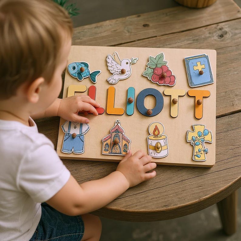 Baptism Name Puzzle Baby, Catholic Baptism Gift Boy, Godson Baptism Gift, Dedication Gifts, Christening Gifts, Personalized Boy Baptism Gift imagen 4