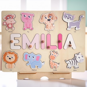 Personalized Name Puzzle with Animals | Custom Baby Girl and Boy Birthday Gift | Baby Pink Toddlers Christmas Gift | Unique Baby Gift