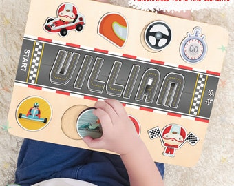 Racetrack name puzzle - race car name puzzle, 2 Year Old Boy Gift,  Kid birthday Gift, Toys For 1 Year Old