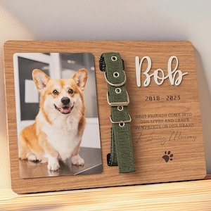 May include: Wooden memorial plaque with a photo of a corgi dog, a green dog collar, and the text "Bob 2018-2023 Best friends come into our lives and leave pawprints on our heart. In loving memory."