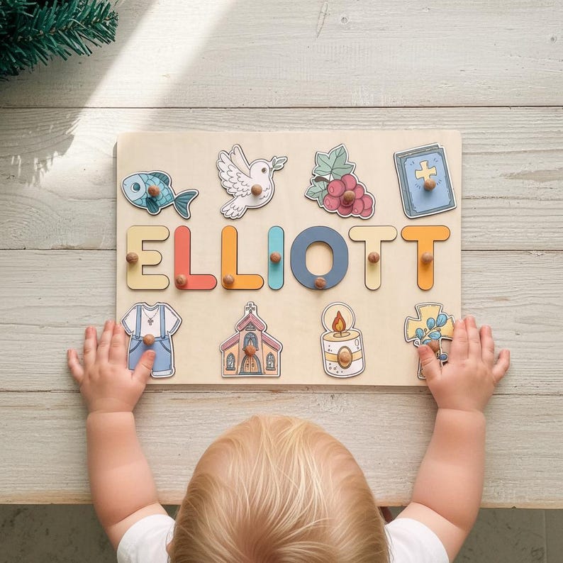Baptism Name Puzzle Baby, Catholic Baptism Gift Boy, Godson Baptism Gift, Dedication Gifts, Christening Gifts, Personalized Boy Baptism Gift imagen 1