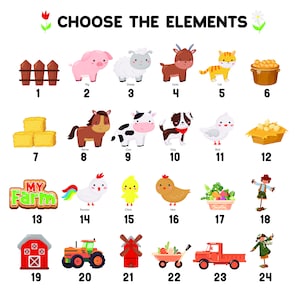 May include: A colorful illustration of farm animals, objects, and a sign that says "MY Farm". The illustration is divided into a grid of 24 squares, each containing a different image. The images include a pig, sheep, goat, cat, fence, hay bales, horse, cow, dog, bird, rooster, chick, hen, a basket of vegetables, a scarecrow, a barn, a tractor, a windmill, a wagon, a truck, and a scarecrow.
