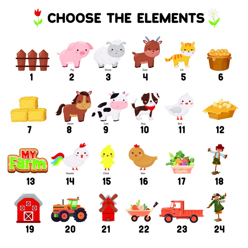 May include: A colorful illustration of farm animals, objects, and a sign that says "MY Farm". The illustration is divided into a grid of 24 squares, each containing a different image. The images include a pig, sheep, goat, cat, fence, hay bales, horse, cow, dog, bird, rooster, chick, hen, a basket of vegetables, a scarecrow, a barn, a tractor, a windmill, a wagon, a truck, and a scarecrow.