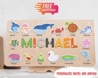 Wooden Name Puzzle Ocean Animals - Personalized 1st Birthday Gift - Under the Sea - Baby 1st Easter Present - Woodily Toys