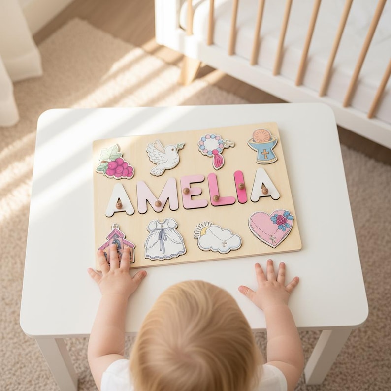 Baptism Gift Girl Wooden Name Puzzle, Personalized Name Puzzle, Baptism Puzzle Gift, Girl Baptism Gifts, Religious Puzzle, Christening Gifts image 1