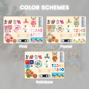 May include: Wooden educational toy with three color schemes: pink, pastel, and rainbow. Each scheme features animal illustrations, numbers, and the name "ANDRIANA". The text "COLOR SCHEMES" is at the top.