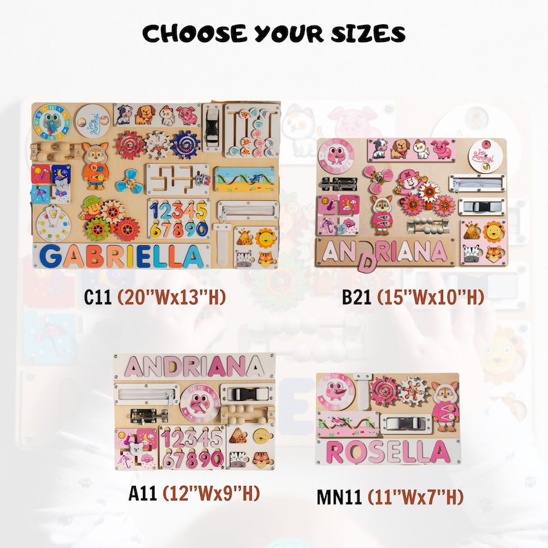 May include: Four wooden activity boards for children, each with different colours, shapes, and activities. The boards are labelled with names and sizes: C11 (20"Wx13"H), B21 (15"Wx10"H), A11 (12"Wx9"H), and MN11 (11"Wx7"H).