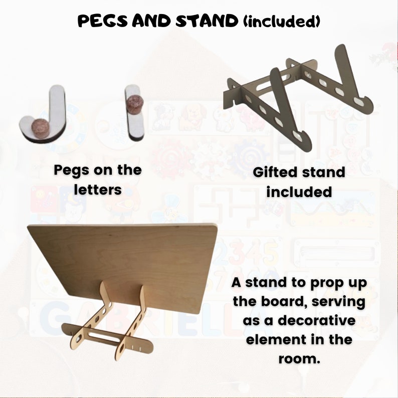 May include: Wooden letter board with pegs and a stand. The board is made of light wood and has a natural finish. The pegs are brown and are used to hold the letters in place. The stand is made of wood and is designed to prop up the board. The stand is included with the board.