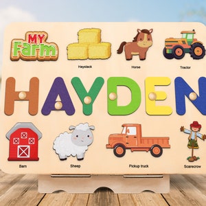 Farm animal name puzzle with pegs, Wooden toy, Barnyard animal, 1st Birthday Gift,Baby shower gift,1st christmast gift,baby shower gift image 2