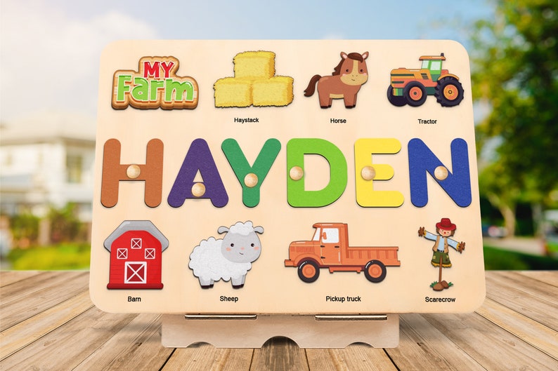 Farm animal name puzzle with pegs, Wooden toy, Barnyard animal, 1st Birthday Gift,Baby shower gift,1st christmast gift,baby shower gift image 2
