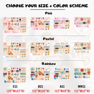 May include: A chart showing different sizes and color schemes for a wooden playset. The playset features a variety of colorful animals, numbers, and letters. The sizes are 20 inches by 13 inches, 15 inches by 10 inches, 12 inches by 9 inches, and 11 inches by 7 inches.