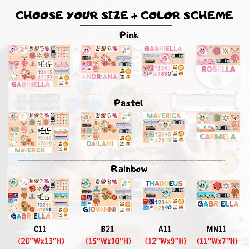 May include: A chart showing different sizes and color schemes for a wooden playset. The playset features a variety of colorful animals, numbers, and letters. The sizes are 20 inches by 13 inches, 15 inches by 10 inches, 12 inches by 9 inches, and 11 inches by 7 inches.