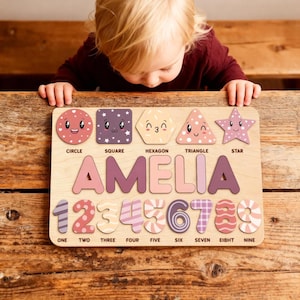 Personalized Wooden Name Puzzle: Shape & Number Sorter with Pegs