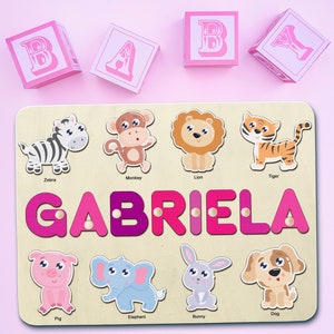 Personalized Name Puzzle with Animals Custom Baby Girl and Boy Birthday Gift Emerald Green Toddlers Christmas Gift Unique Baby Gift image 2