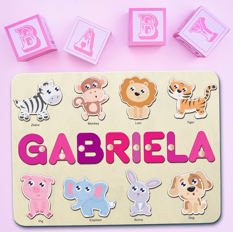 Personalized Name Puzzle with Animals Custom Baby Girl and Boy Birthday Gift Emerald Green Toddlers Christmas Gift Unique Baby Gift image 2