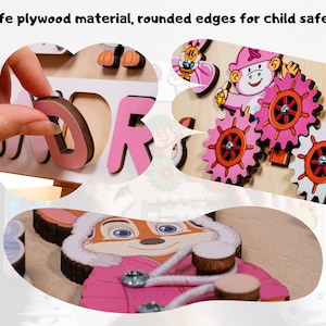 May include: A pink wooden toy with a variety of activities for children. The toy features a gear system, a lacing activity, and a puzzle with letters that spell "ANDRE".
