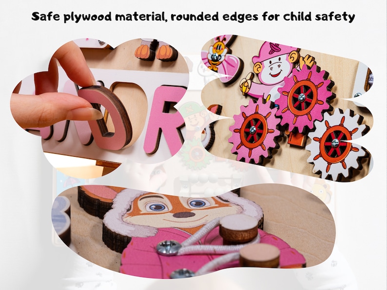 May include: A pink wooden toy with a variety of activities for children. The toy features a gear system, a lacing activity, and a puzzle with letters that spell "ANDRE".