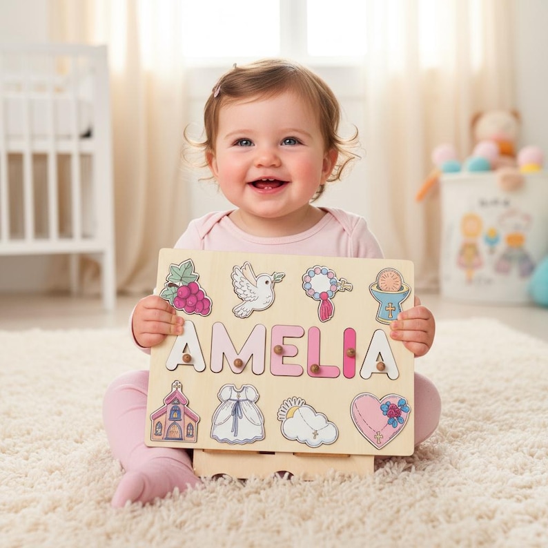 Baptism Gift Girl Wooden Name Puzzle, Personalized Name Puzzle, Baptism Puzzle Gift, Girl Baptism Gifts, Religious Puzzle, Christening Gifts image 4