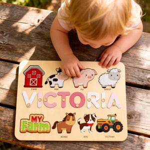 Farm Animal Name Puzzle: Personalized Wooden Toy, Baby Shower Gift, 1 year old gifts boy, 1 year old gifts girl, 1st birthday gifts boy