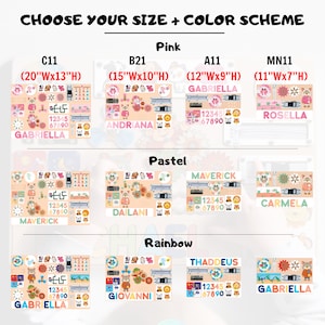 May include: A chart displaying various sizes and colour schemes for a personalised wooden toy train set. The train set includes a train engine, carriages, and numbers. The colour schemes available are pink, pastel, and rainbow. The sizes are 20 inches by 13 inches, 15 inches by 10 inches, 12 inches by 9 inches, and 11 inches by 7 inches.