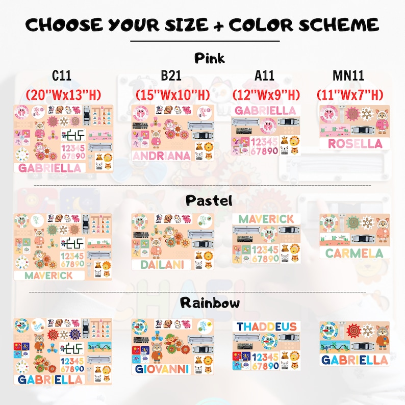 May include: A chart displaying various sizes and colour schemes for a personalised wooden toy train set. The train set includes a train engine, carriages, and numbers. The colour schemes available are pink, pastel, and rainbow. The sizes are 20 inches by 13 inches, 15 inches by 10 inches, 12 inches by 9 inches, and 11 inches by 7 inches.