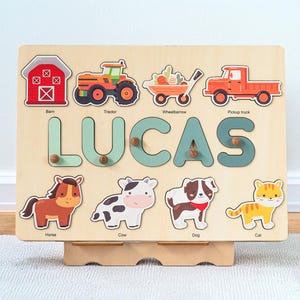 Farm animal name puzzle with pegs, Animal farm toy, Barnyard animal, 1st Birthday Gift,Baby shower gift,1st christmast gift,baby shower gift