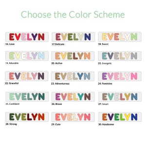 May include: A chart with 15 different color schemes for the name "Evelyn". Each color scheme is labeled with a number and a descriptive word, such as "Love", "Delicate", "Sweet", "Adorable", "Active", "Energetic", "Graceful", "Adventurous", "Feminine", "Confident", "Brave", "Smart", "Strong", "Cute", and "Handsome".
