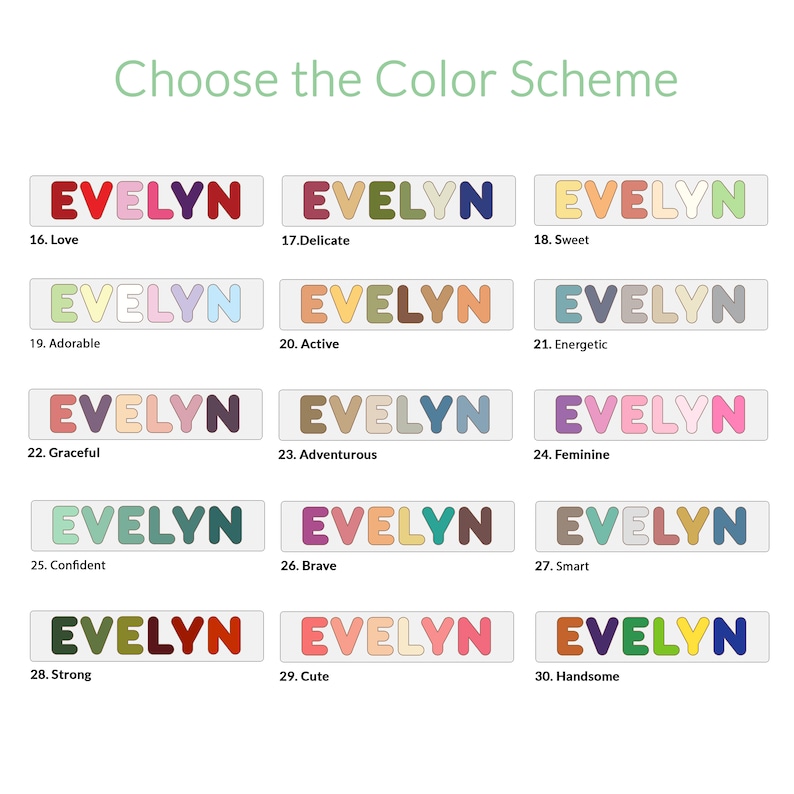 May include: A chart with 15 different color schemes for the name "Evelyn". Each color scheme is labeled with a number and a descriptive word, such as "Love", "Delicate", "Sweet", "Adorable", "Active", "Energetic", "Graceful", "Adventurous", "Feminine", "Confident", "Brave", "Smart", "Strong", "Cute", and "Handsome".
