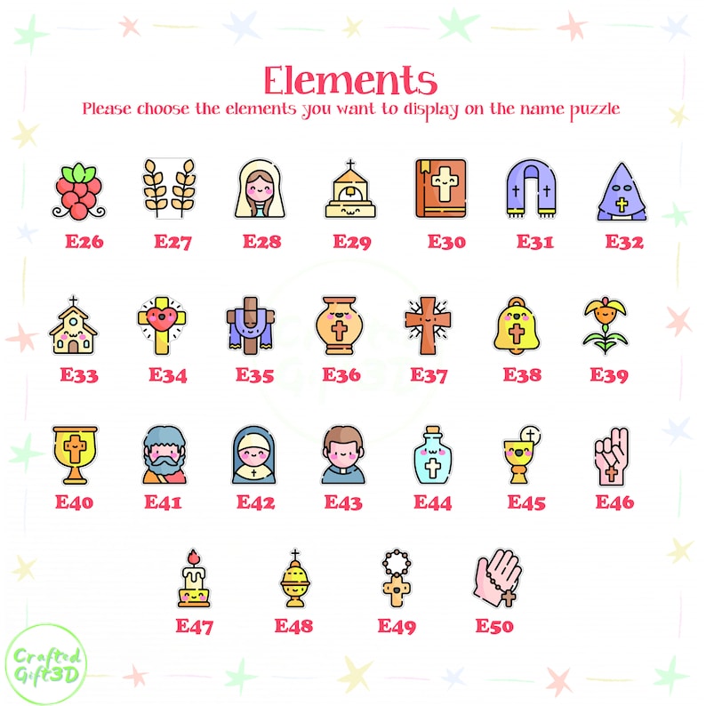 May include: A chart with 50 colorful icons, each with a letter and number, representing different elements. The icons are related to religious themes, such as crosses, churches, and religious figures. The chart is titled "Elements" and has the text "Please choose the elements you want to display on the name puzzle" above the icons.