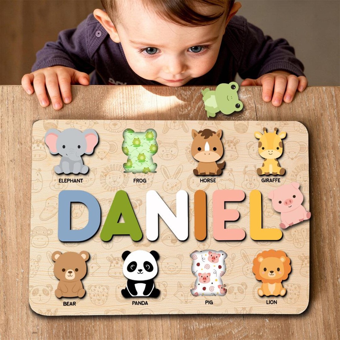Personalized Wooden Name Puzzle With Animals, Safari Animals Custom ...