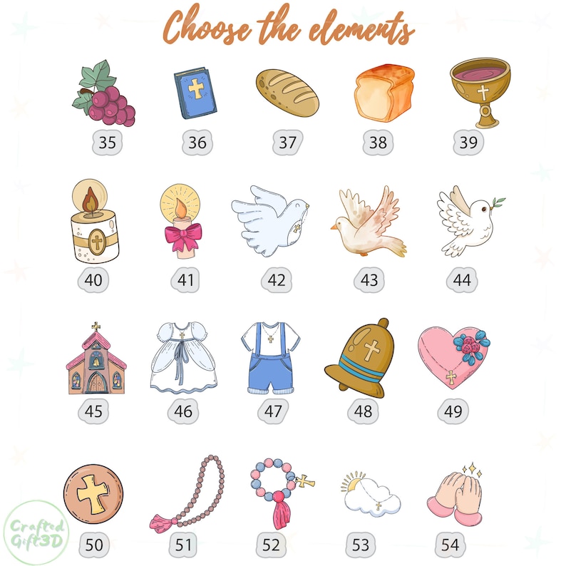 May include: A set of colorful illustrations of religious symbols and objects, including a dove, a chalice, a cross, a candle, a church, a rosary, and a bible. The illustrations are numbered 35 through 54.
