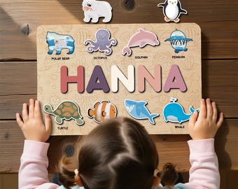 Ocean Animals Wooden Name Puzzle – Educational Name Puzzle Toy for Girl, Sea Animals Toys 1st Birthday Gift for Toddlers, Shark Toy for Kids