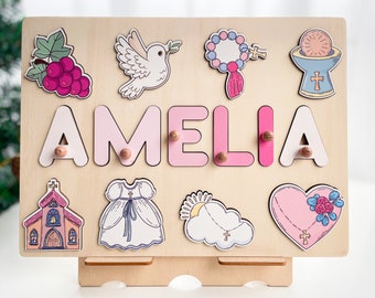 Baby Baptism Theme Wooden Name Puzzle | Personalized Name Puzzle | Wooden Name Puzzle | Personalized Gift for Kids | Christening Gifts