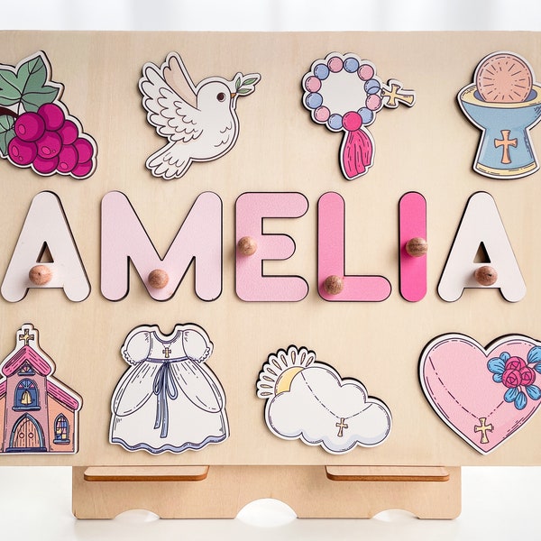 Baby Baptism Theme Wooden Name Puzzle | Personalized Name Puzzle | Wooden Name Puzzle | Personalized Gift for Kids | Christening Gifts