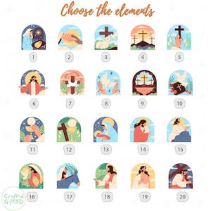 May include: A set of 20 colorful illustrations depicting various religious symbols and scenes related to Easter. The images include a cross, a dove, a lamb, a chalice, a bible, and Jesus Christ.