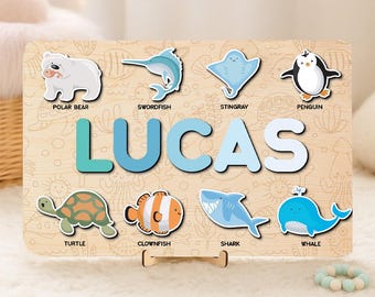 Personalized Ocean Animals Wooden Name Puzzle for Boys, Custom Name Puzzle Baby Boy Gift, Shark Toys Gift, Toddler Gift, Nursery Decor