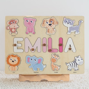 Wooden Name Puzzle | Personalized Name Puzzle with Animals | Baby Girl and Boy Gift | First Christmas Gift | Wood Toy for One Year Old