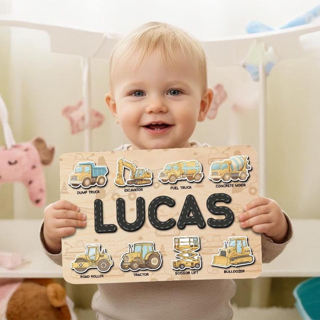 Personalized Name Puzzle Truck Theme, Custom Baby Name Puzzle, Wooden ...