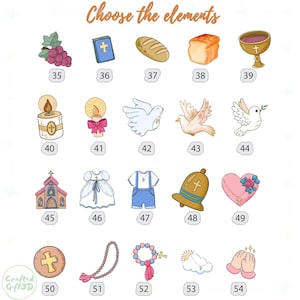 Puede incluir: Un conjunto de ilustraciones coloridas de s&iacute;mbolos y objetos religiosos, que incluyen una paloma, un c&aacute;liz, una cruz, una vela, una iglesia, un rosario y una biblia. Las ilustraciones est&aacute;n numeradas del 35 al 54.