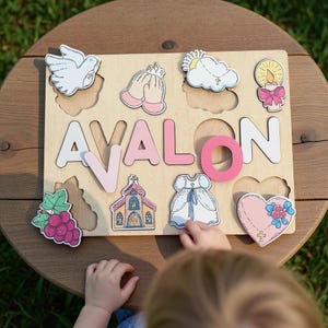 Personalized Wooden Name Puzzle: Christening Gift for Girls and Boy, Dedication Gifts, Baptism Gifts, Gift for Godson, Gift for Goddaughter image 1