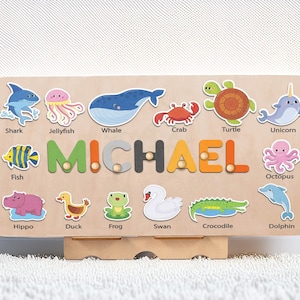Wooden name puzzle with name, Personalized name puzzle with animals, one year old gifts, 1st birthday gift, baby shower gift, christmas gift